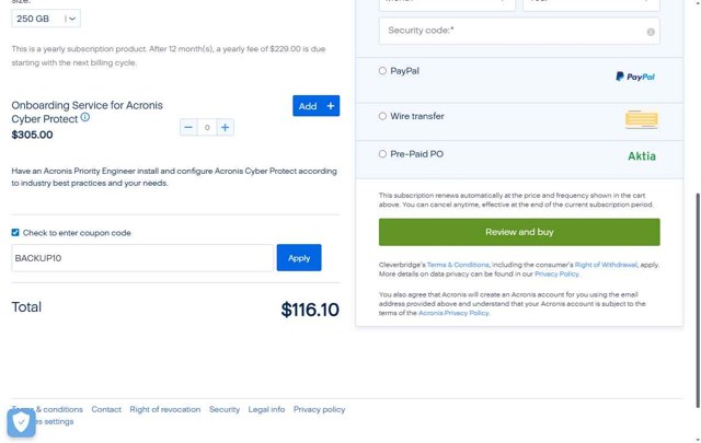 Acronis checkout page showing Acronis coupon code box | Screenshot taken by SimplyCodes community member on Aug 7, 2025