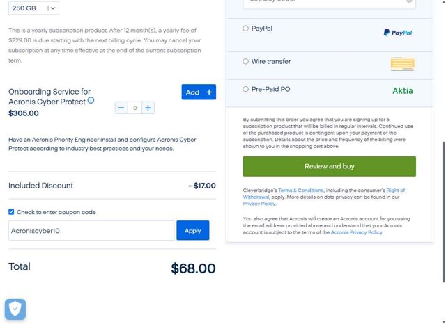 Acronis checkout page showing Acronis coupon code box | Screenshot taken by SimplyCodes community member on Jun 22, 2025