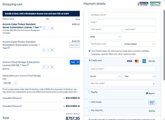 Acronis checkout page showing Acronis coupon code box | Screenshot taken by SimplyCodes community member on May 28, 2025