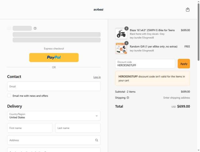 Actbest checkout page showing Actbest discount code box | Screenshot taken by SimplyCodes community member on Sep 5, 2025