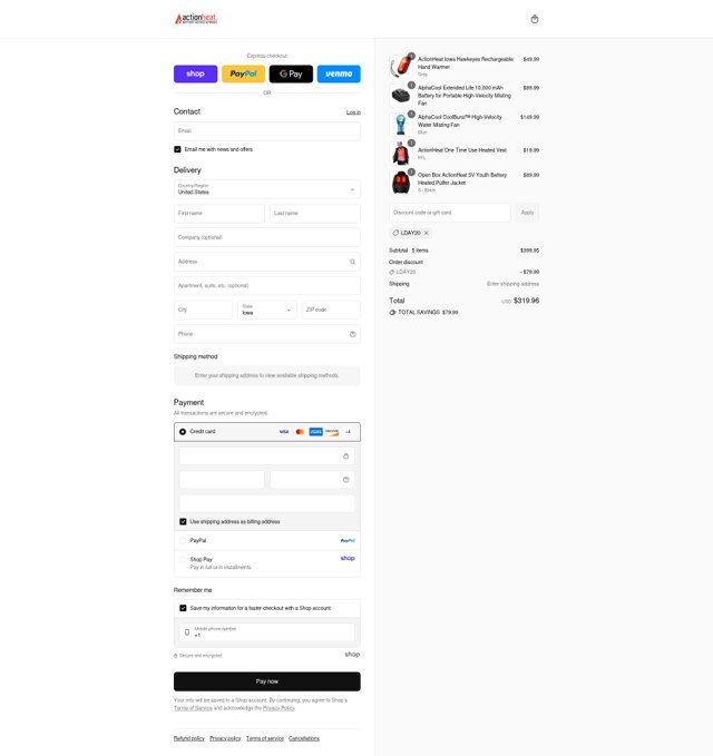 Action Heat checkout page showing Action Heat discount code box | Screenshot taken by SimplyCodes community member on Aug 29, 2025