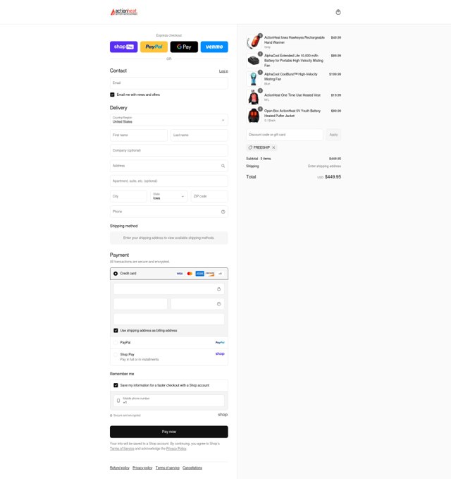 Action Heat checkout page showing Action Heat discount code box | Screenshot taken by SimplyCodes community member on Aug 25, 2025