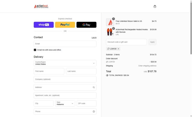 Action Heat checkout page showing Action Heat discount code box | Screenshot taken by SimplyCodes community member on Aug 27, 2025