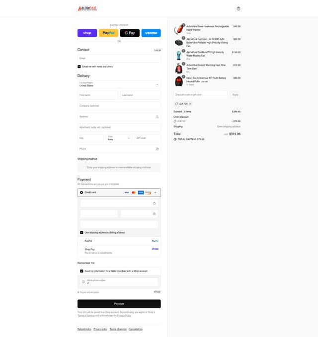Action Heat checkout page showing Action Heat discount code box | Screenshot taken by SimplyCodes community member on Sep 2, 2025