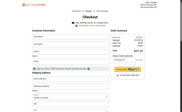 ActivatedYou checkout page showing ActivatedYou discount code box | Screenshot taken by SimplyCodes community member on Sep 3, 2025