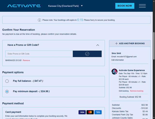 Activate Games checkout page showing Activate Games promo code box | Screenshot taken by SimplyCodes community member on Sep 11, 2025