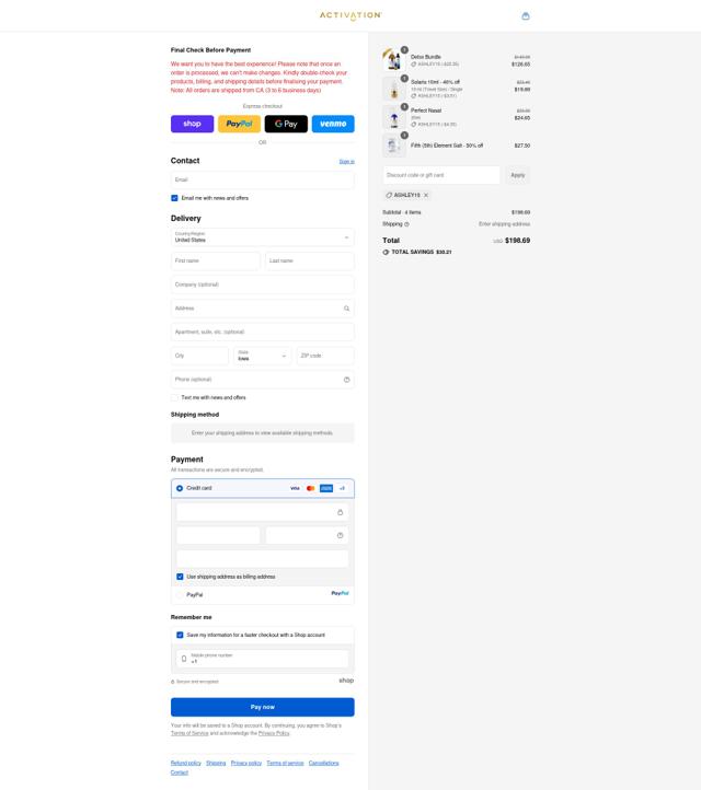 Activation Products checkout page showing Activation Products coupon code box | Screenshot taken by SimplyCodes community member on Sep 12, 2025