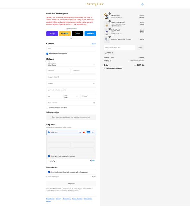 Activation Products checkout page showing Activation Products coupon code box | Screenshot taken by SimplyCodes community member on Sep 12, 2025