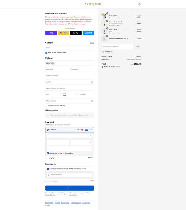 Activation Products checkout page showing Activation Products coupon code box | Screenshot taken by SimplyCodes community member on Sep 12, 2025