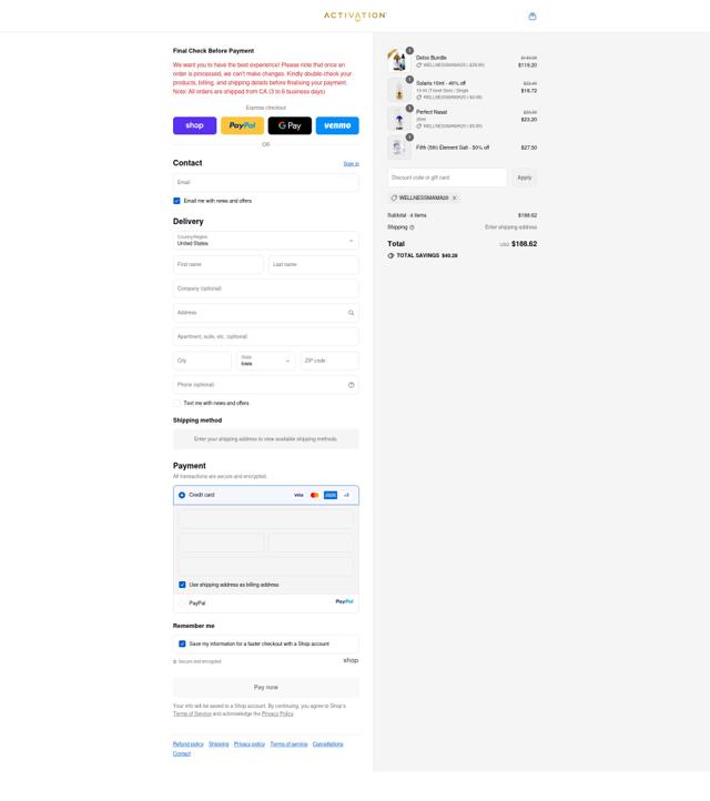 Activation Products checkout page showing Activation Products coupon code box | Screenshot taken by SimplyCodes community member on Sep 12, 2025