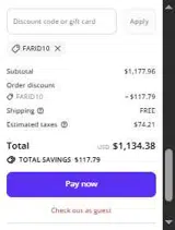 FARID10 coupon verification screenshot