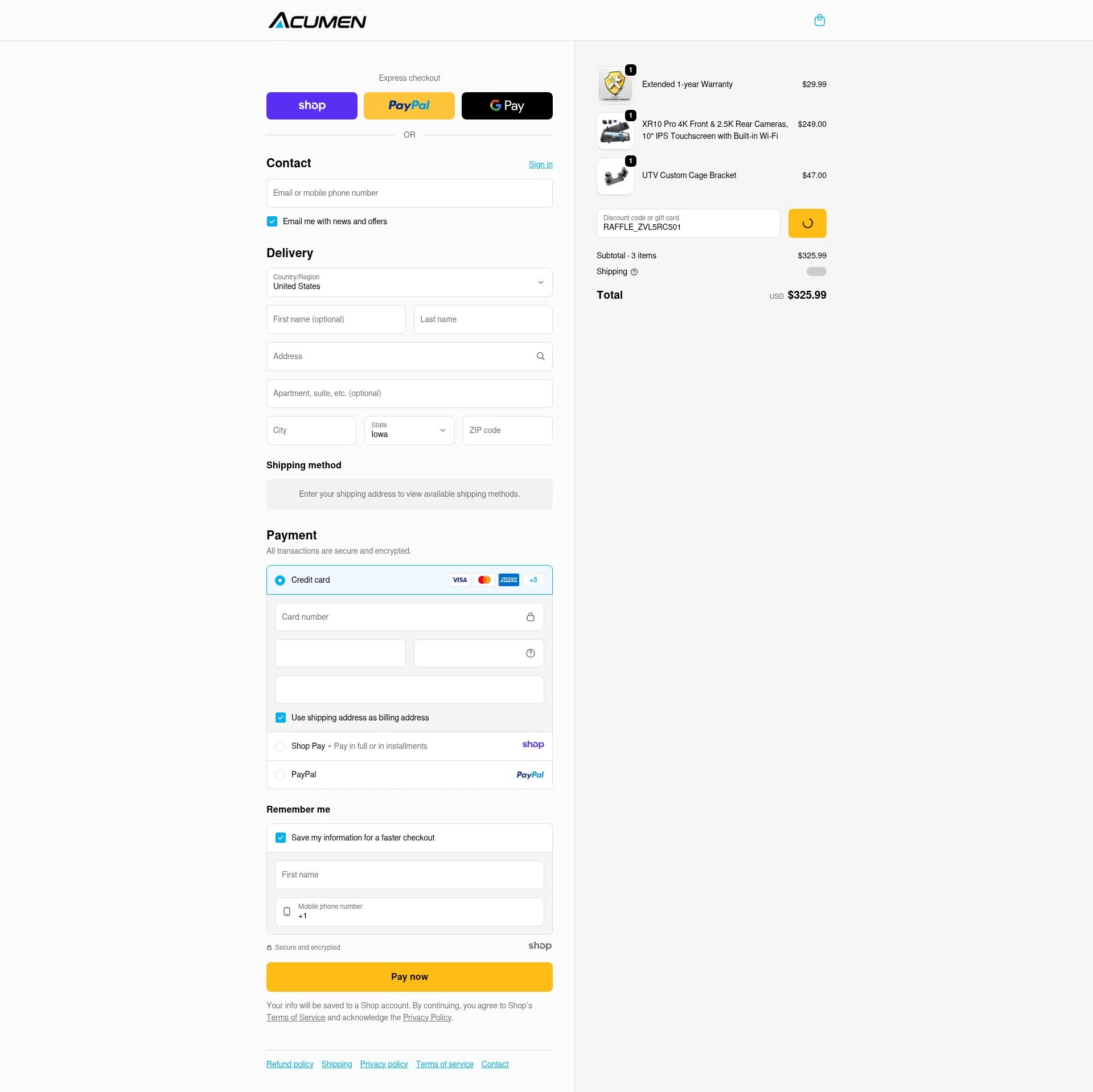 Acumen Camera checkout page showing Acumen Camera promo code box | Screenshot taken by SimplyCodes community member on Dec 31, 2025