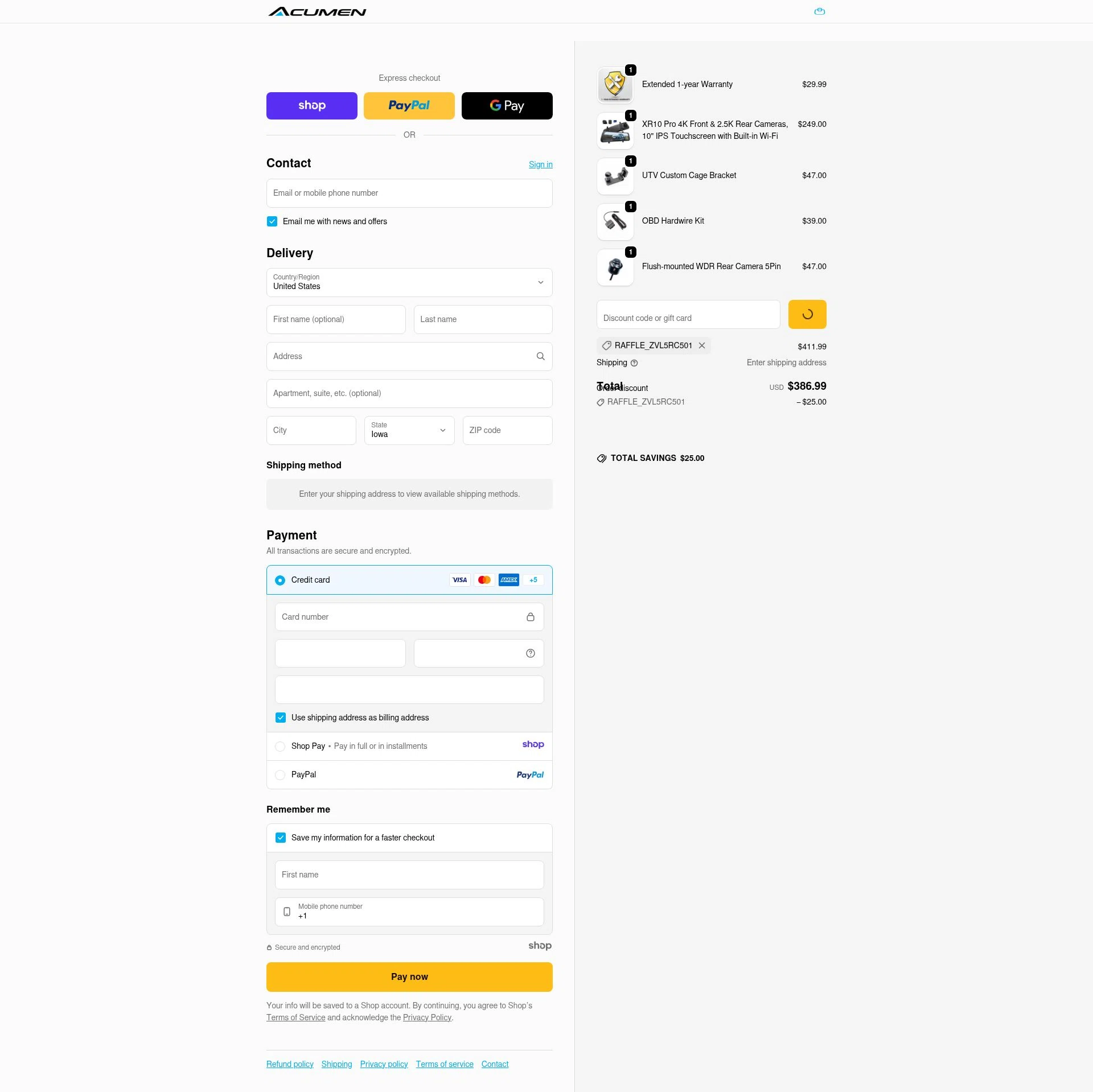 Acumen Camera checkout page showing Acumen Camera promo code box | Screenshot taken by SimplyCodes community member on Jan 5, 2026