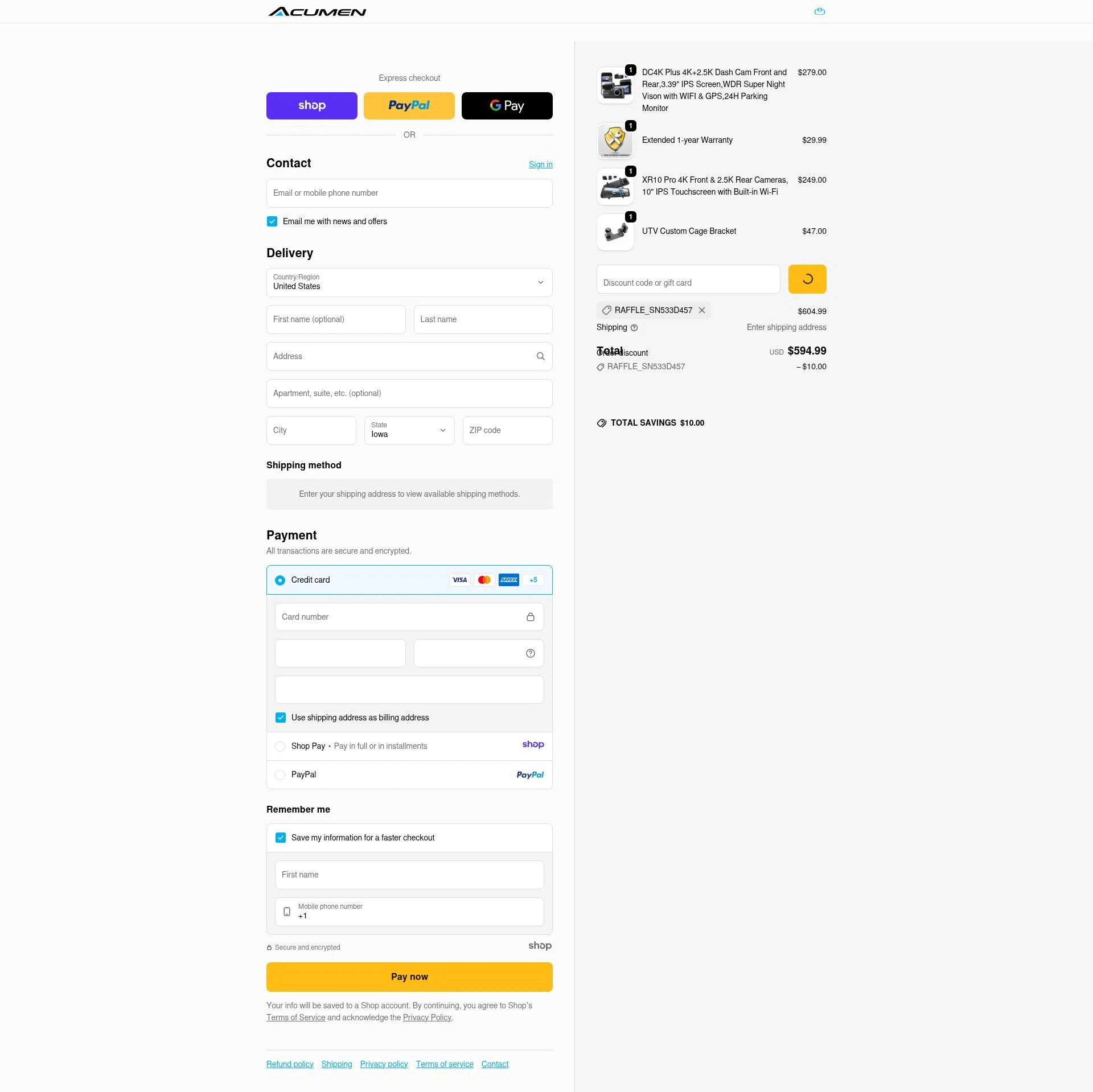 Acumen Camera checkout page showing Acumen Camera promo code box | Screenshot taken by SimplyCodes community member on Dec 21, 2025