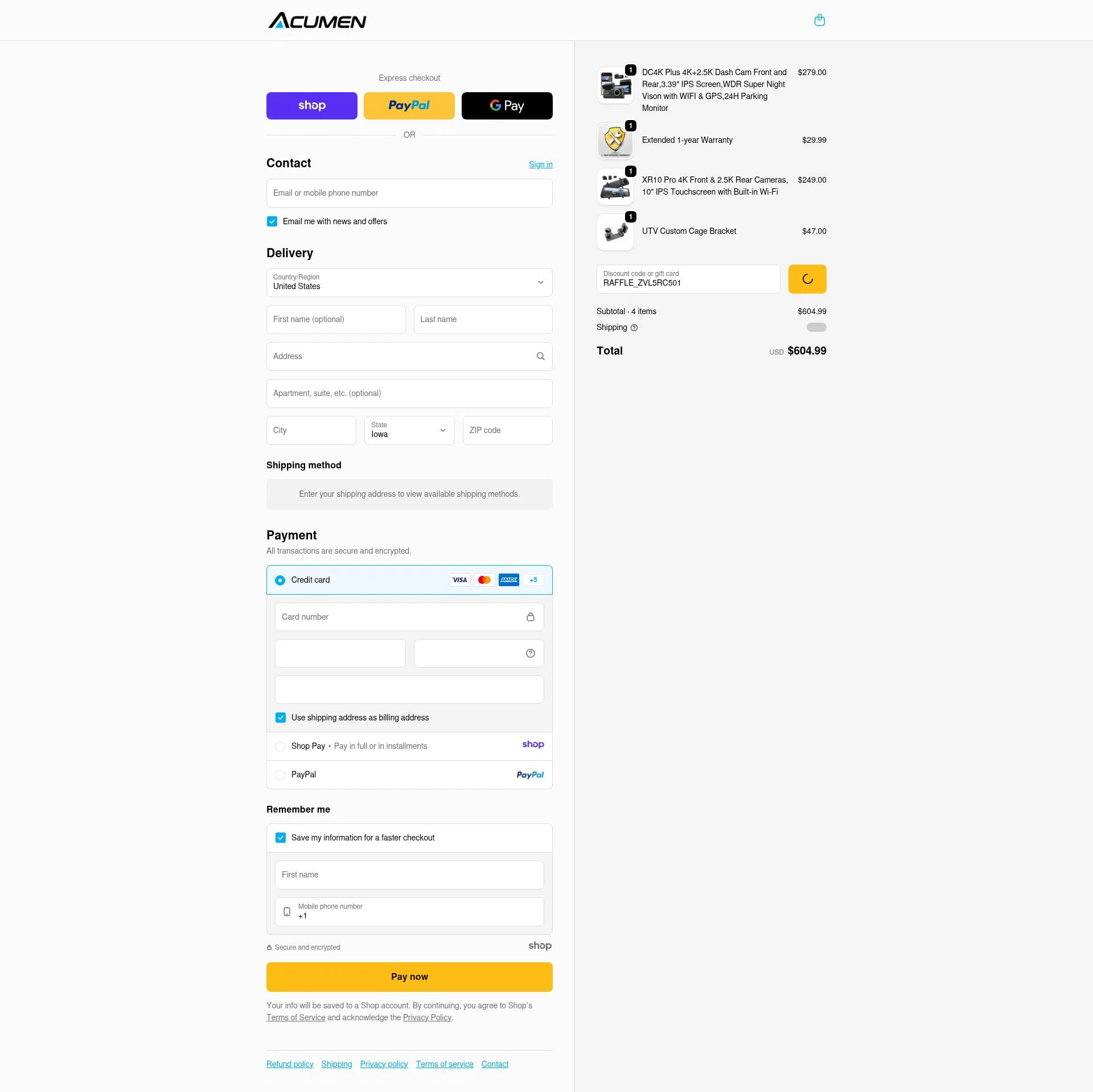 Acumen Camera checkout page showing Acumen Camera promo code box | Screenshot taken by SimplyCodes community member on Dec 26, 2025