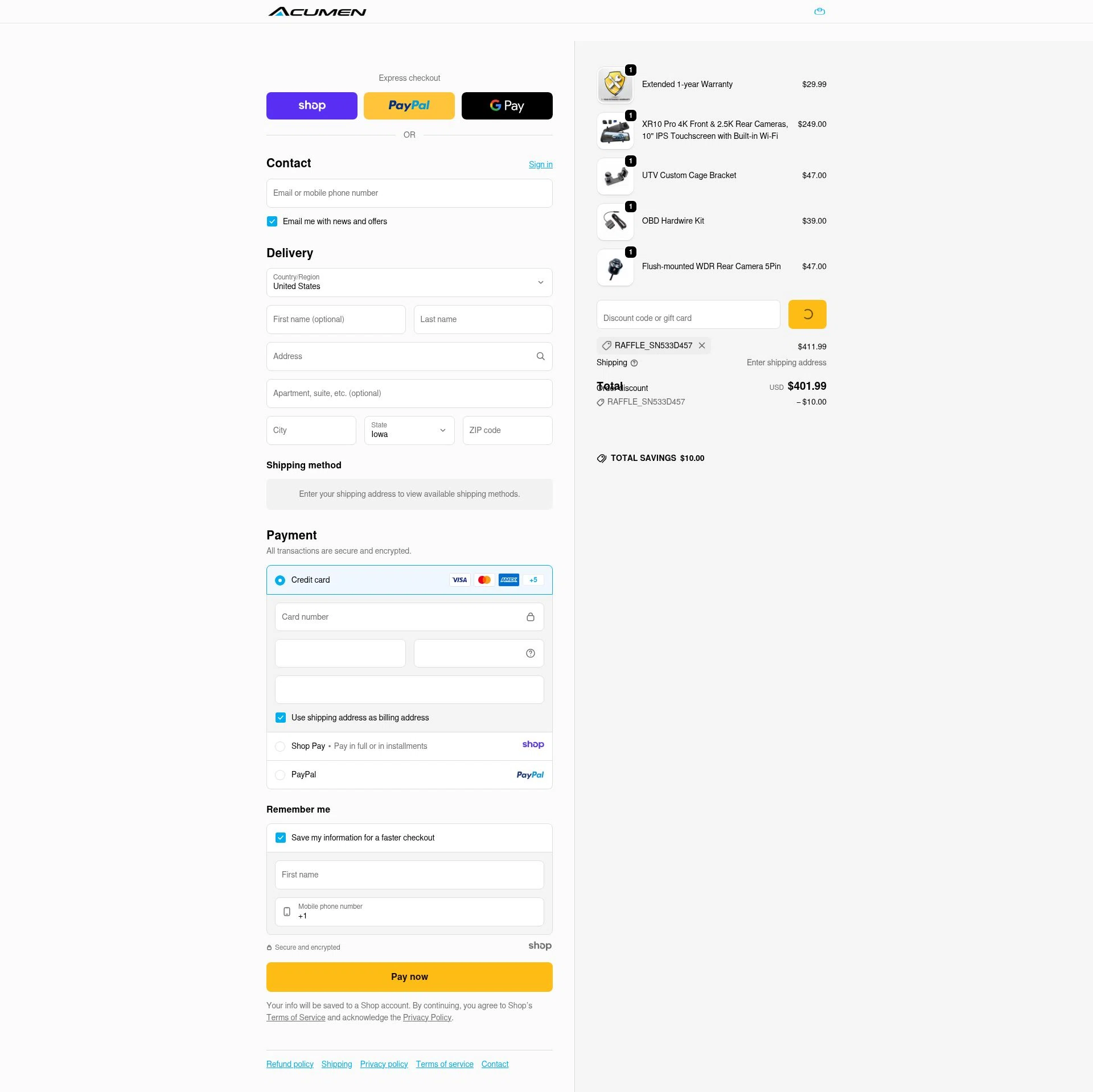 Acumen Camera checkout page showing Acumen Camera promo code box | Screenshot taken by SimplyCodes community member on Jan 5, 2026