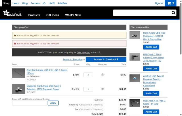 Adafruit checkout page showing Adafruit discount code box | Screenshot taken by SimplyCodes community member on Aug 23, 2025