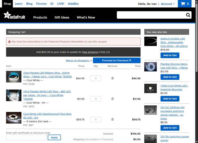 Adafruit checkout page showing Adafruit discount code box | Screenshot taken by SimplyCodes community member on Jul 30, 2025