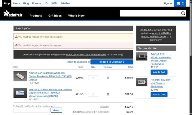 Adafruit checkout page showing Adafruit discount code box | Screenshot taken by SimplyCodes community member on Jul 1, 2025