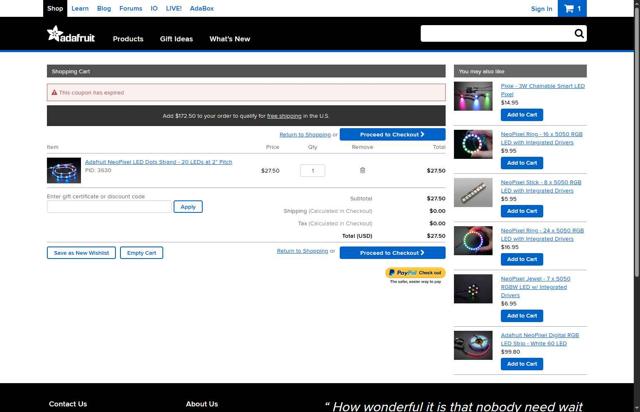 Adafruit checkout page showing Adafruit discount code box | Screenshot taken by SimplyCodes community member on May 19, 2025