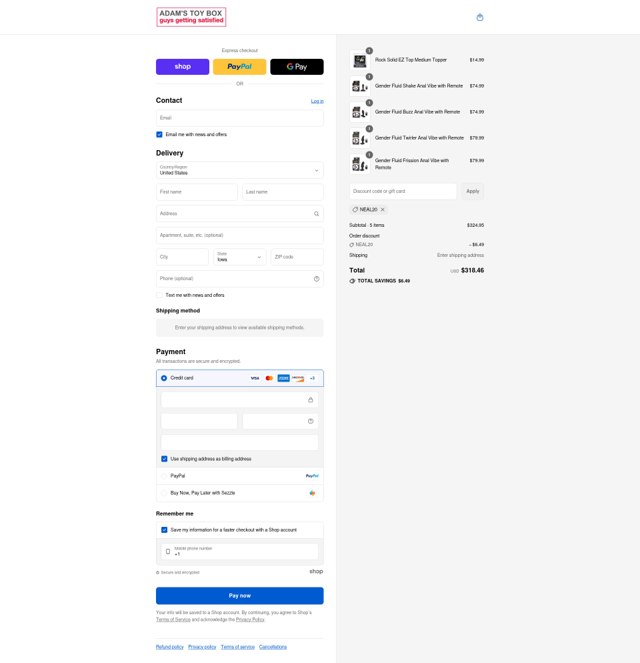 Adam's Toy Box checkout page showing Adam's Toy Box promo code box | Screenshot taken by SimplyCodes community member on Sep 2, 2025