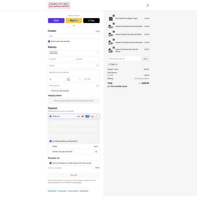 Adam's Toy Box checkout page showing Adam's Toy Box promo code box | Screenshot taken by SimplyCodes community member on Sep 2, 2025