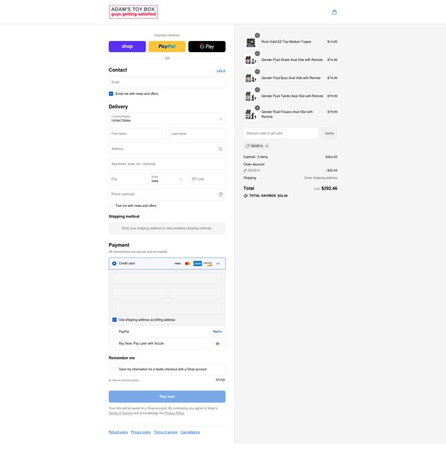 Adam's Toy Box checkout page showing Adam's Toy Box promo code box | Screenshot taken by SimplyCodes community member on Sep 2, 2025