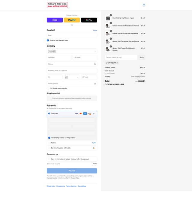 Adam's Toy Box checkout page showing Adam's Toy Box promo code box | Screenshot taken by SimplyCodes community member on Sep 2, 2025
