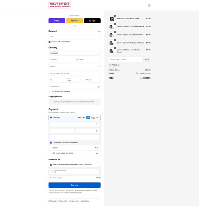 Adam's Toy Box checkout page showing Adam's Toy Box promo code box | Screenshot taken by SimplyCodes community member on Sep 2, 2025