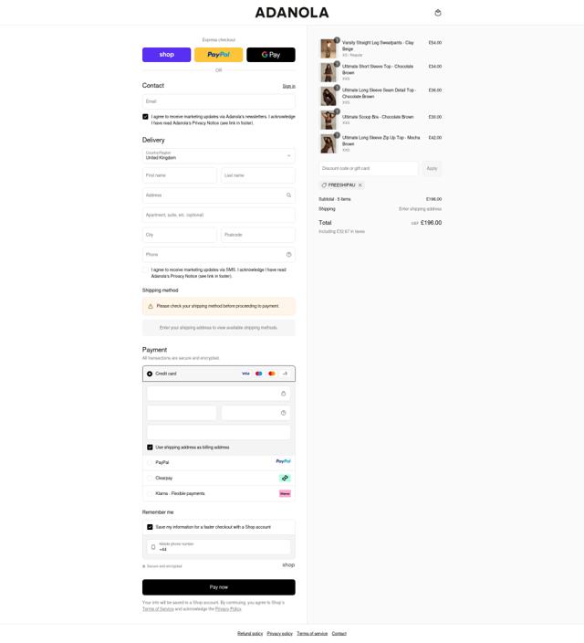 Adanola checkout page showing Adanola discount code box | Screenshot taken by SimplyCodes community member on Sep 12, 2025