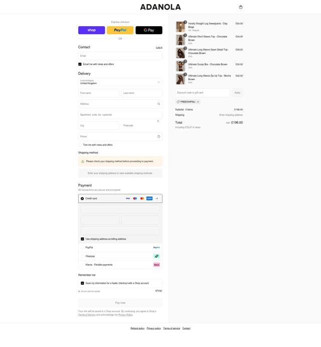 Adanola checkout page showing Adanola discount code box | Screenshot taken by SimplyCodes community member on Sep 8, 2025