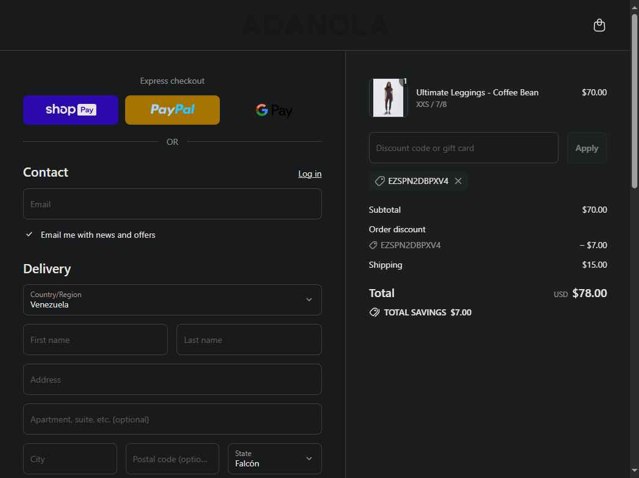 Adanola checkout page showing Adanola discount code box | Screenshot taken by SimplyCodes community member on Aug 26, 2025
