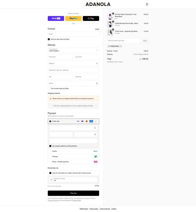 Adanola checkout page showing Adanola discount code box | Screenshot taken by SimplyCodes community member on Aug 22, 2025