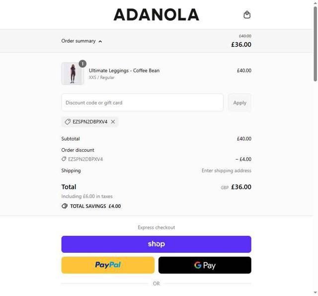 Adanola checkout page showing Adanola discount code box | Screenshot taken by SimplyCodes community member on Sep 14, 2025