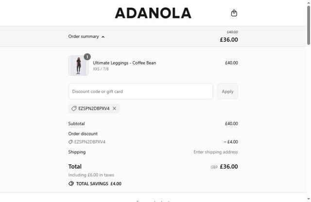 Adanola checkout page showing Adanola discount code box | Screenshot taken by SimplyCodes community member on Sep 8, 2025