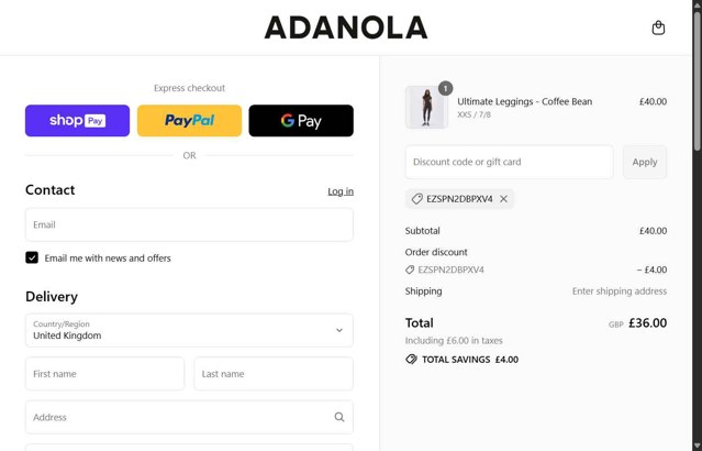 Adanola checkout page showing Adanola discount code box | Screenshot taken by SimplyCodes community member on Aug 23, 2025