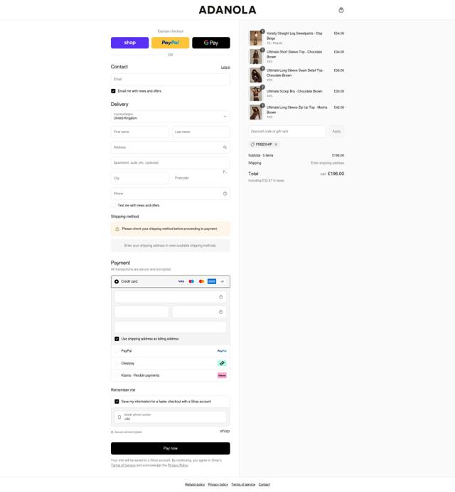 Adanola checkout page showing Adanola discount code box | Screenshot taken by SimplyCodes community member on Sep 8, 2025