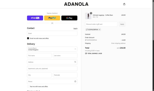 Adanola checkout page showing Adanola discount code box | Screenshot taken by SimplyCodes community member on Aug 20, 2025