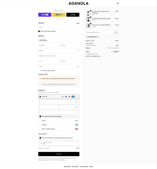 Adanola checkout page showing Adanola discount code box | Screenshot taken by SimplyCodes community member on Aug 28, 2025