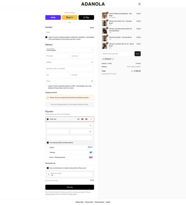Adanola checkout page showing Adanola discount code box | Screenshot taken by SimplyCodes community member on Sep 12, 2025