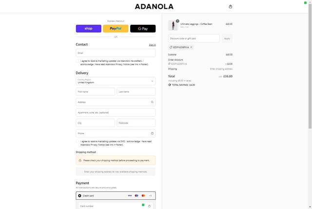 Adanola checkout page showing Adanola discount code box | Screenshot taken by SimplyCodes community member on Sep 11, 2025