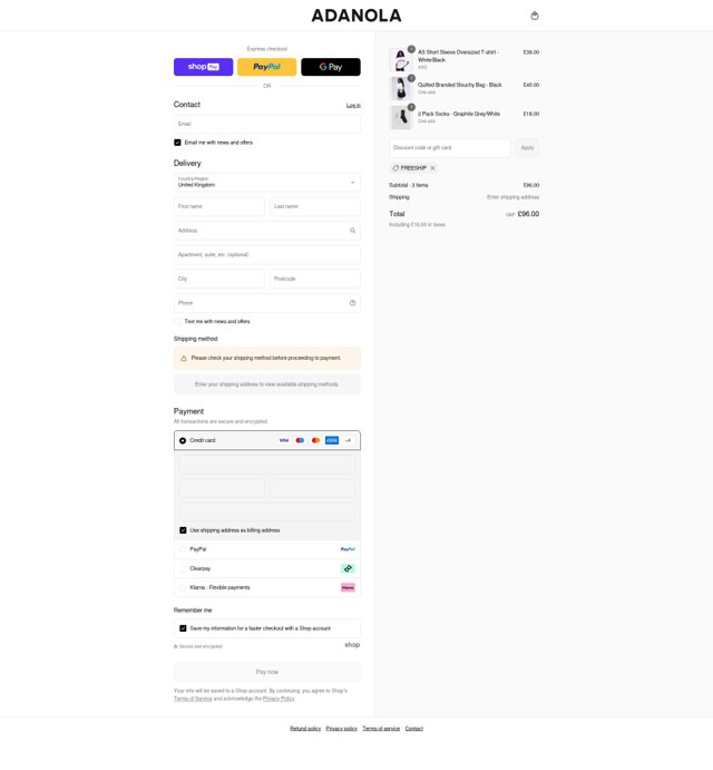 Adanola checkout page showing Adanola discount code box | Screenshot taken by SimplyCodes community member on Aug 22, 2025