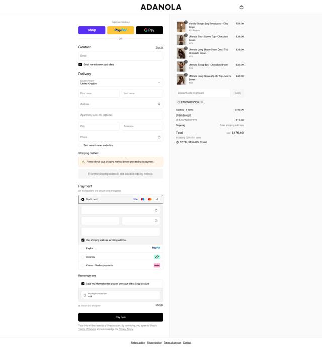 Adanola checkout page showing Adanola discount code box | Screenshot taken by SimplyCodes community member on Sep 9, 2025