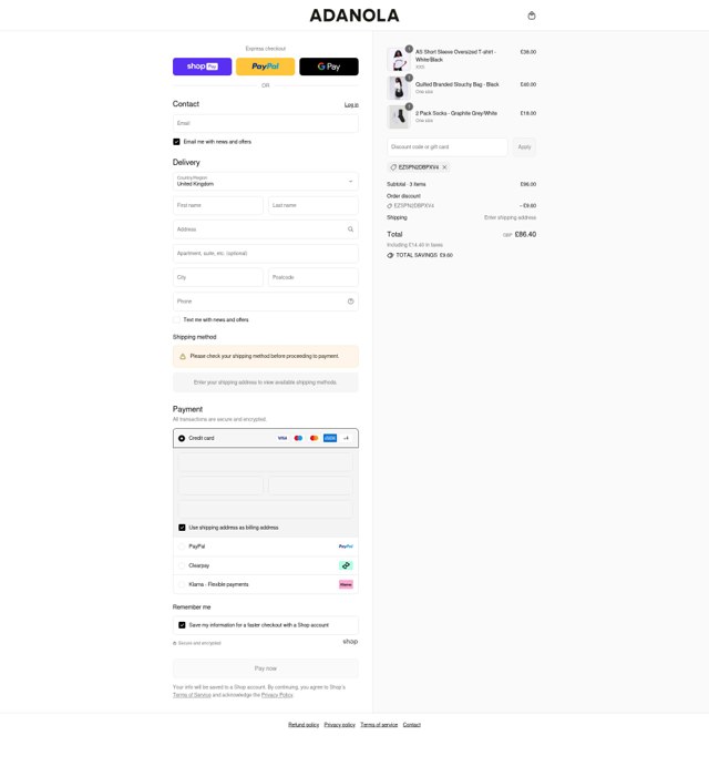 Adanola checkout page showing Adanola discount code box | Screenshot taken by SimplyCodes community member on Aug 25, 2025