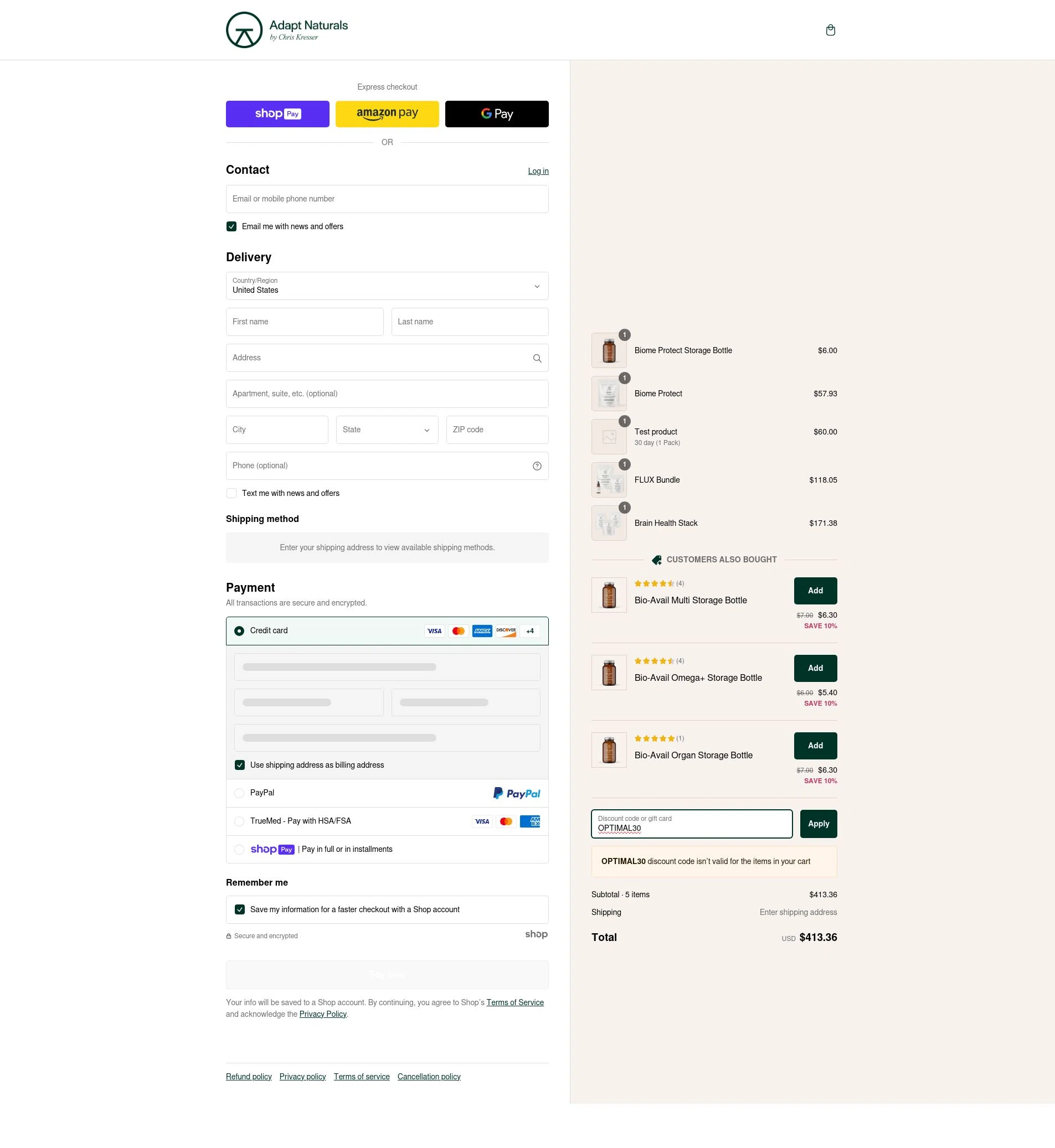 Adapt Naturals checkout page showing Adapt Naturals discount code box | Screenshot taken by SimplyCodes community member on Feb 26, 2025