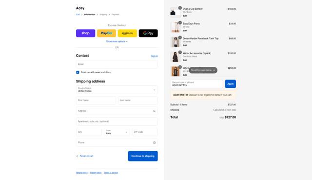 ADAY checkout page showing ADAY discount code box | Screenshot taken by SimplyCodes community member on Sep 15, 2025