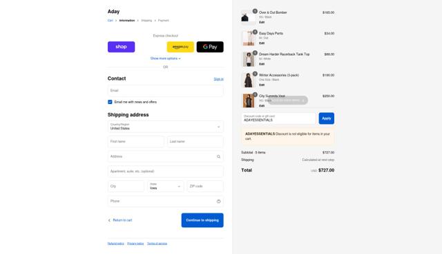 ADAY checkout page showing ADAY discount code box | Screenshot taken by SimplyCodes community member on Sep 15, 2025