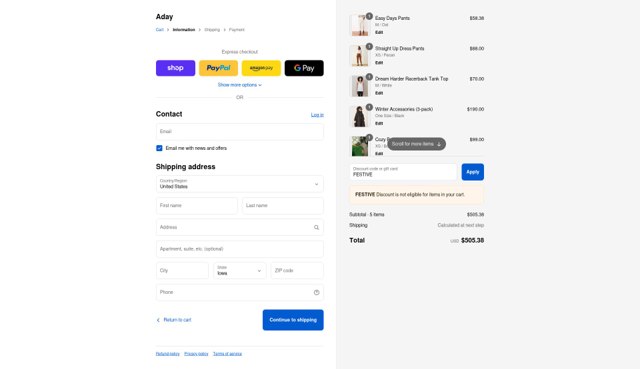 ADAY checkout page showing ADAY discount code box | Screenshot taken by SimplyCodes community member on Aug 29, 2025