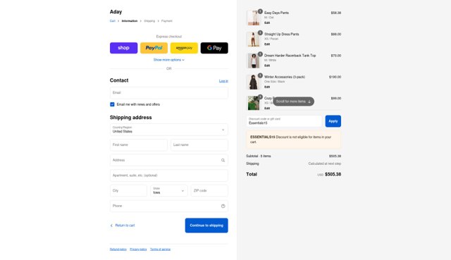 ADAY checkout page showing ADAY discount code box | Screenshot taken by SimplyCodes community member on Aug 29, 2025