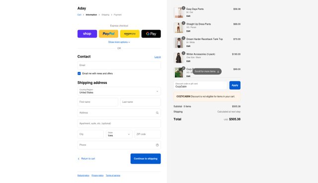 ADAY checkout page showing ADAY discount code box | Screenshot taken by SimplyCodes community member on Aug 29, 2025
